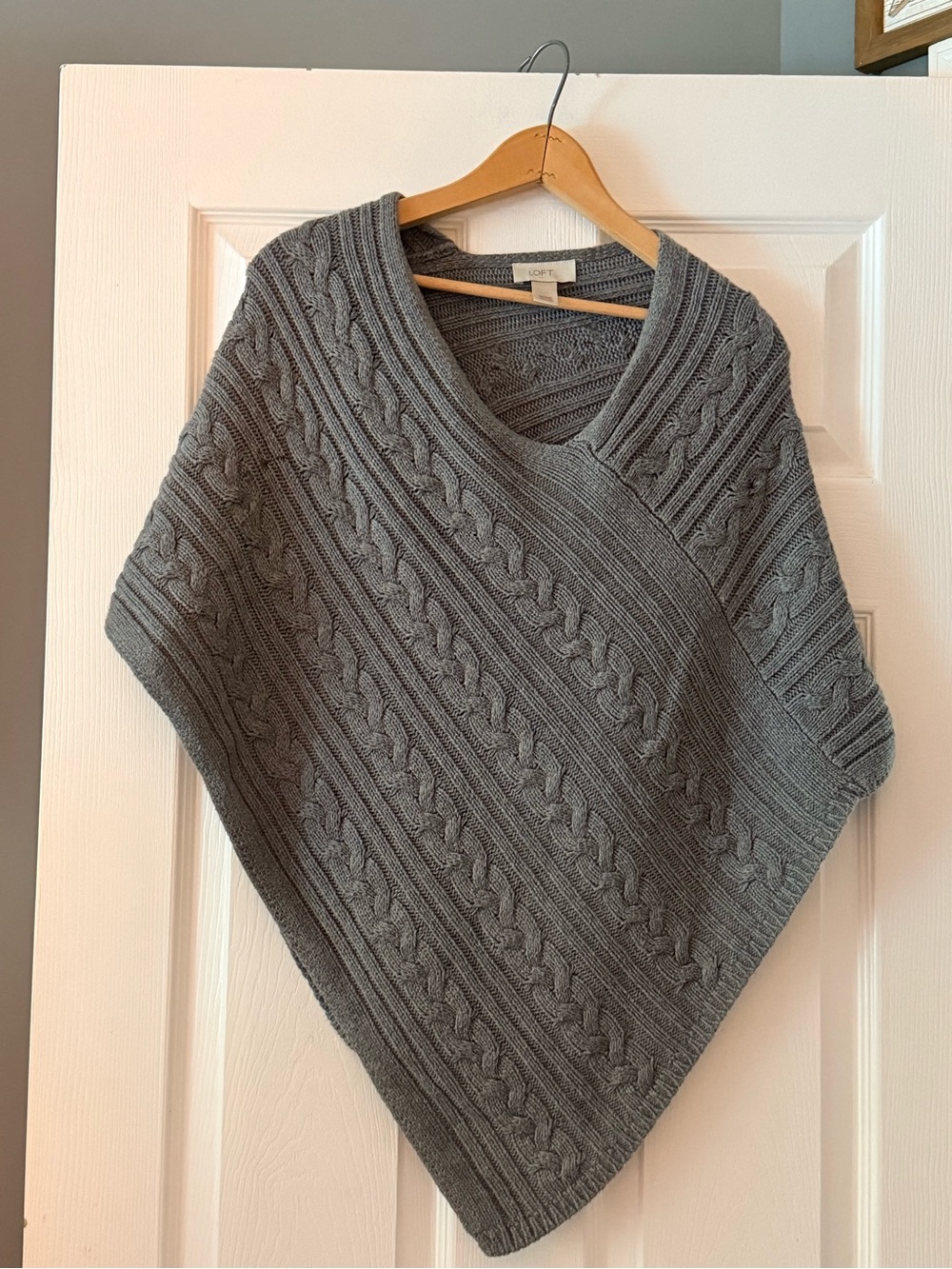 LOFT Gray Cable-Knit V-Neck Poncho Sweater